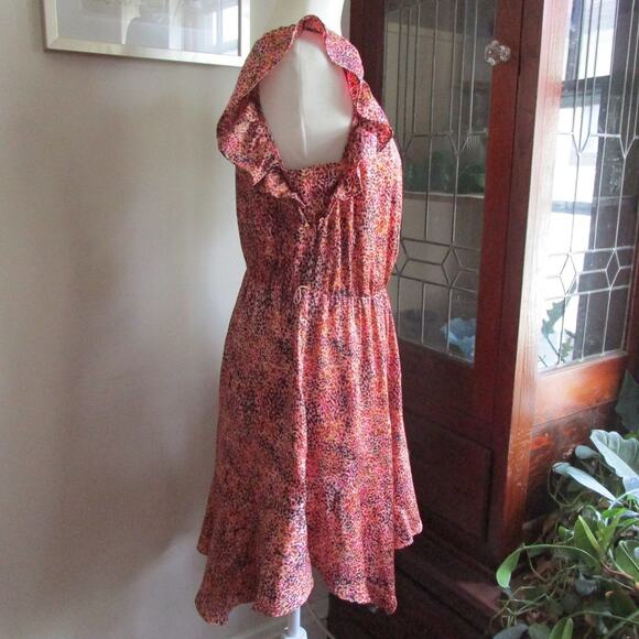 Express Women’s Ruffle Sheath Midi Dress Pink Abstract Print Size M Cocktail - Picture 3 of 16